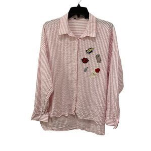 Zara Basic High Low Button Down Seersucker Shirt. Pink/White. XL